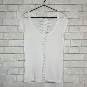 Monrow White Distressed Ladder Cotton Modal Short Sleeve Tee XS